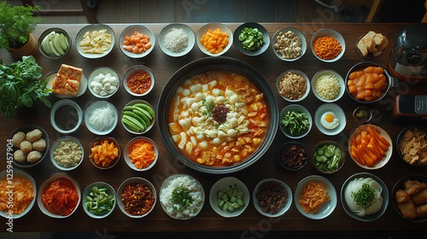 Obraz A vibrant overhead shot of an assortment of Korean side dishes and condiments arranged around a hot, steaming bowl of traditional kimchi stew in a rich, spicy broth.