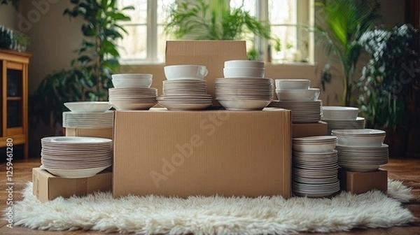 Fototapeta Stacked white ceramic dishes and bowls in a cozy room surrounded by greenery and boxes