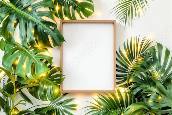 Fototapeta Blank wooden frame surrounded by green monstera and palm leaves with warm fairy lights on a light background. Concept for nature-inspired presentation. Ai generative