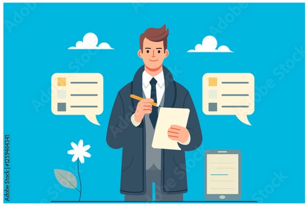 Fototapeta Gathering client requirements. Businessman documenting customer needs and expectations, ensuring project success. Requirements gathering, stakeholder management, and project planning concept.