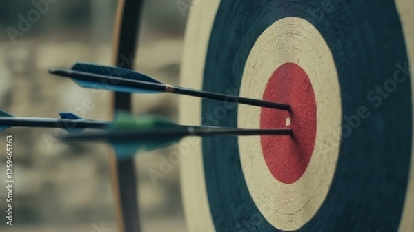 Obraz Scene of an archery range with a bow and arrow setup. Featuring a target with arrows. Highlighting the precision of the sport. Ideal for sports training guides.
