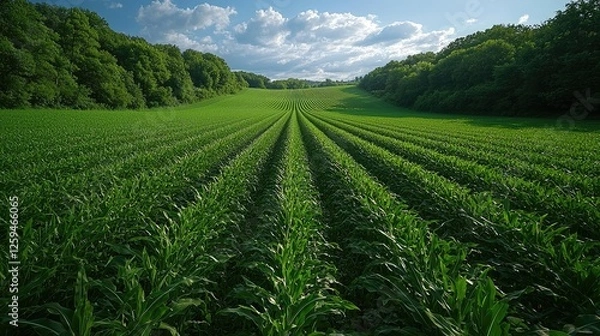 Fototapeta Lush Green Cornfield Under a Bright Sky with Rolling Hills and Trees in the Background