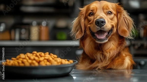 Fototapeta Happy golden retriever sitting next to a bowl of dog food in a cozy kitchen setting