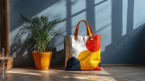 Fototapeta Colorful tote bag next to a potted plant in a sunlit room with shadows on the wall