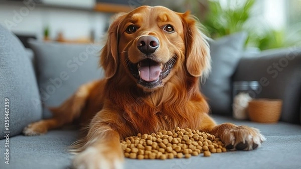 Fototapeta Happy golden retriever lying on a couch with dog food, bright living room in the background