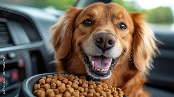 Fototapeta Happy golden retriever enjoying a meal in a car, with blurred scenery outside