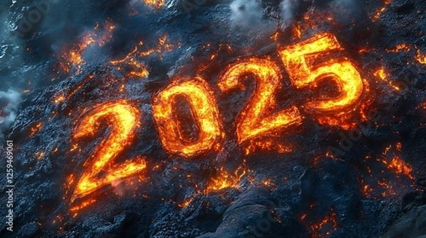 Fototapeta A blazing "2025" surrounded by swirling flames and glowing embers, with dynamic fiery textures radiating heat and light, set against a dark and smoky backdrop, photorealistic, hyper-detailed,