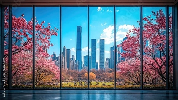 Fototapeta Vibrant spring view of a city skyline framed by blooming cherry blossoms in a park
