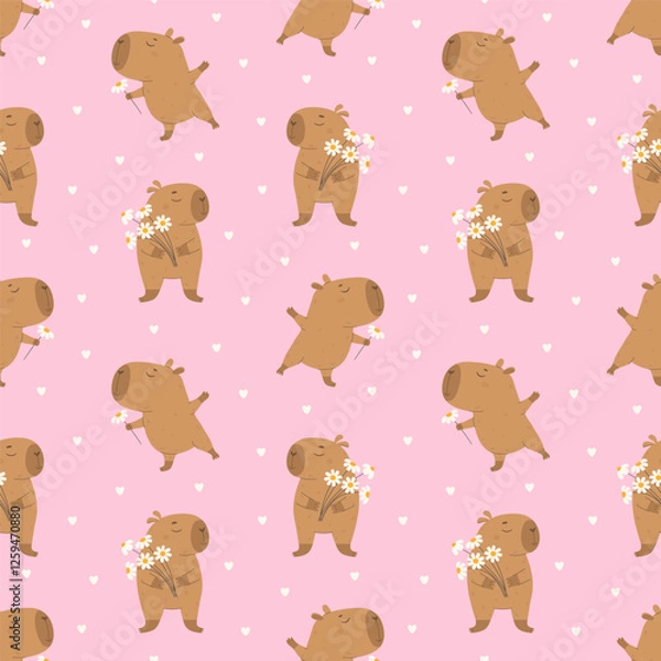 Fototapeta Cute capybaras with a bouquet of flowers pattern