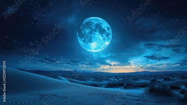 Fototapeta A stunning blue moon illuminates a serene desert landscape under a starry night sky