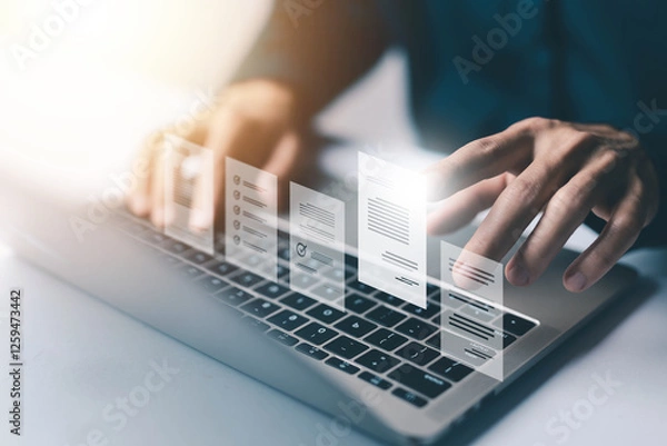 Fototapeta manage document electronic files on the computer, and online cloud storage. concept of digital file database management, technology paperless, folder document information. backup system and organize
