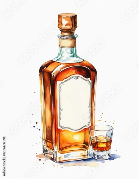 Fototapeta Whiskey bottle and glass on white background, watercolor painting style, generative AI.