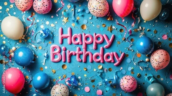 Fototapeta Colorful birthday celebration scene with balloons, confetti, and festive decorations on a blue background
