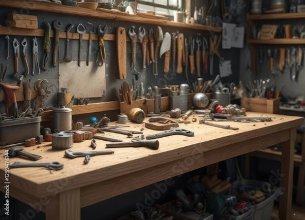 Fototapeta Disorganized workbench with scattered tools and equipment, disorganized, tools