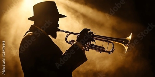 Obraz Silhouette of a jazz trumpet player in a darkly lit club. Artistic, moody, and dramatic, perfect for music-themed projects and creative designs.
