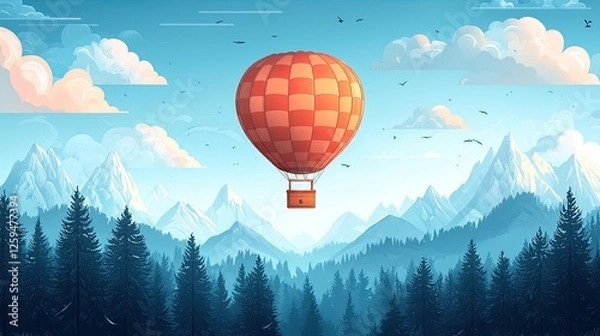 Fototapeta A vibrant hot air balloon floats over majestic mountains and lush forests under a clear sky