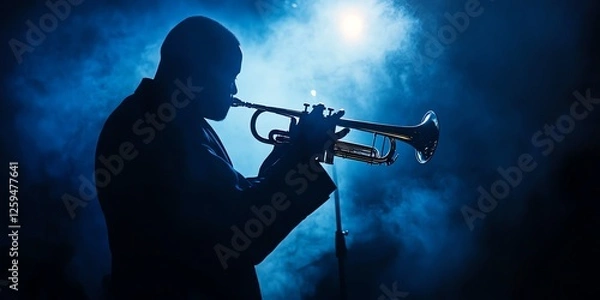 Fototapeta Silhouette of a jazz trumpet player in a darkly lit club. Artistic, moody, and dramatic, perfect for music-themed projects and creative designs.