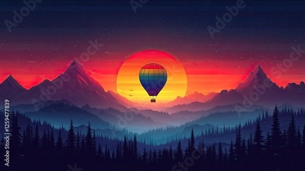 Fototapeta Colorful hot air balloon soaring over majestic mountains at sunset, with vibrant sky and serene landscape