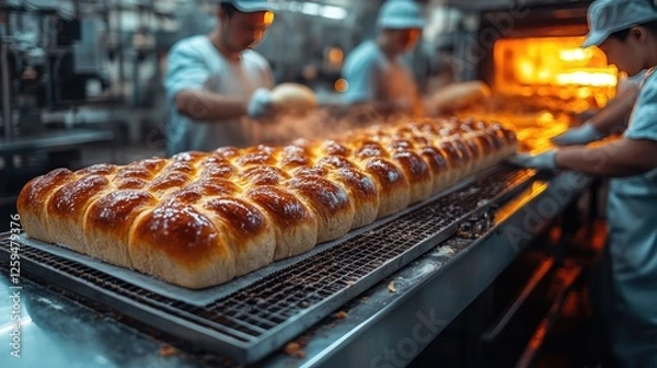 Fototapeta Freshly baked golden bread rolls cooling on a rack in a bustling bakery kitchen