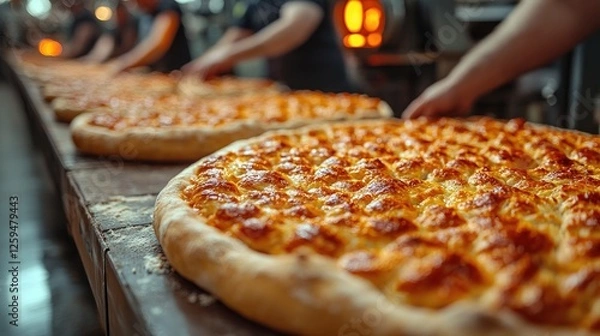 Fototapeta Workers preparing freshly baked pizzas in a bustling kitchen with ovens in the background