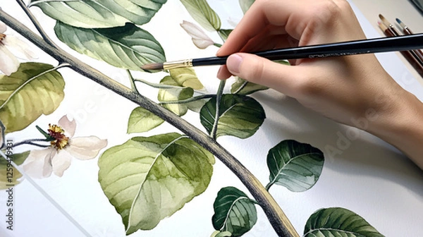 Fototapeta A student paints a detailed botanical illustration with watercolors, capturing the fine textures of leaves and flowers using controlled brushstrokes.