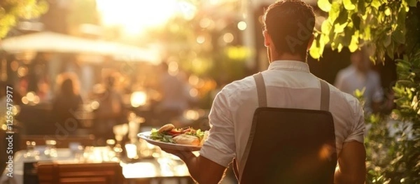 Obraz Waiter Serving Food at Outdoor Restaurant during Golden Hour