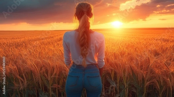 Obraz Woman gazing at a vibrant sunset over a golden wheat field, evoking tranquility and beauty