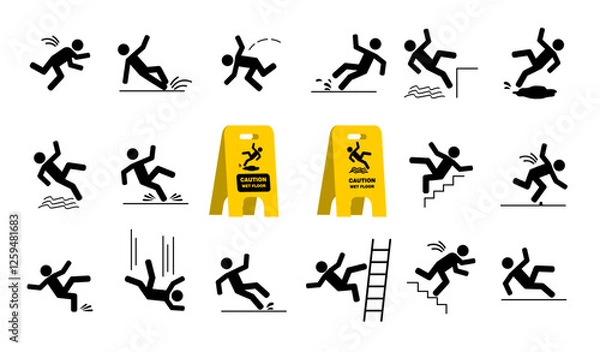 Obraz Stick figure slip and fall warning signs and hazards illustration. 