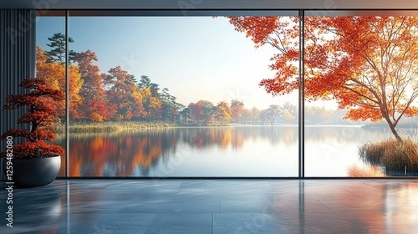 Fototapeta Serene autumn view through large windows showcasing vibrant foliage and tranquil lake reflections