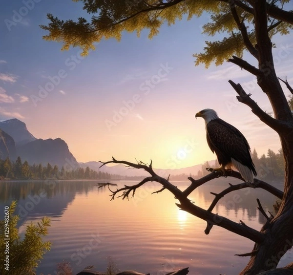 Obraz eagle perched on a tree branch with a lake behind it, lake scene, nature photography, tree branch