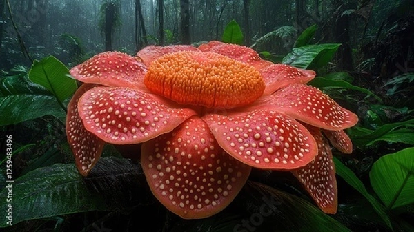 Fototapeta Vibrant close-up of a large red flower surrounded by lush green foliage in a misty forest