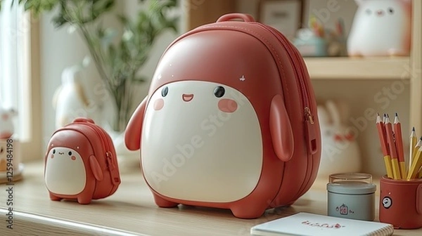 Fototapeta Cute red and white backpacks on a wooden desk with playful decor and stationery in a cozy setting