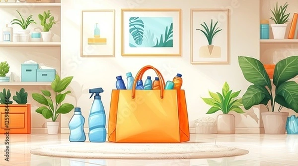 Fototapeta Brightly lit room featuring an orange bag filled with cleaning bottles, surrounded by plants and artwork
