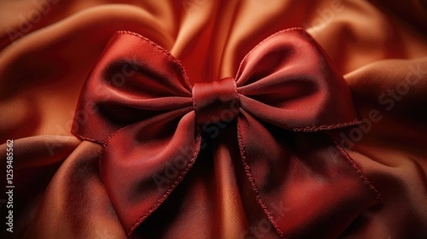 Fototapeta Elegant red satin bow on luxurious fabric, showcasing intricate folds and a rich texture