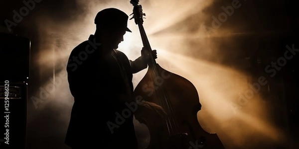 Fototapeta Silhouette of a jazz cello player in a dimly lit club, capturing the soulful essence of live music. Moody, artistic, and dramatic—perfect for creative projects