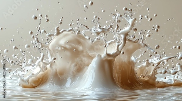 Fototapeta Creamy liquid splash creating dynamic shapes against a neutral background, showcasing motion