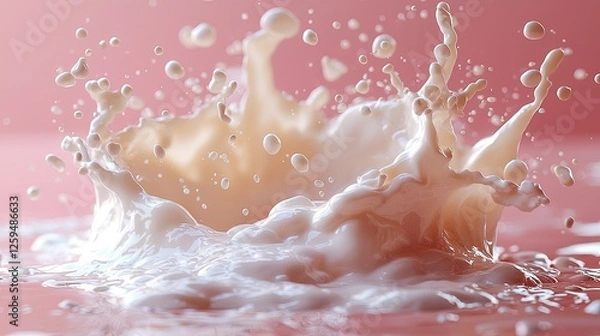 Fototapeta Creamy milk splash creating dynamic patterns against a soft pink background, evoking freshness