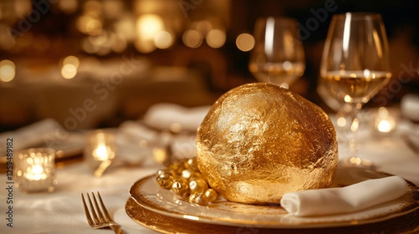 Fototapeta Luxurious dining setting featuring a gold-crusted bread on a decorated table.