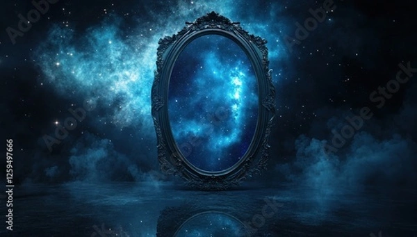 Obraz Cosmic Reflection: A Mystical Ornate Mirror Reflecting a Nebula and Stars