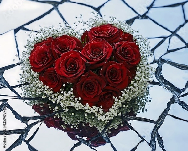 Fototapeta red roses in heart shaped and bouque show love for valentines day on glass broken surface