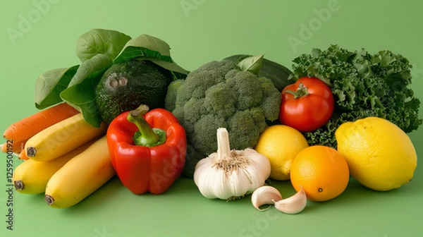 Obraz Assortment of Fresh Fruits and Vegetables on a Green Background.