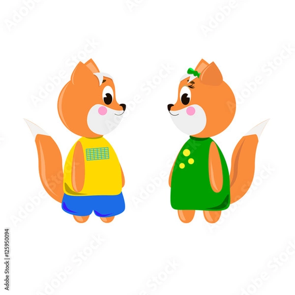 Obraz Two cute cartoon Foxs on a white background, can be used for wallpaper, design, card, invitation.