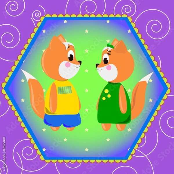 Obraz Emblem card with cute cartoon Foxs, can be used for wallpaper, design, card, invitation.