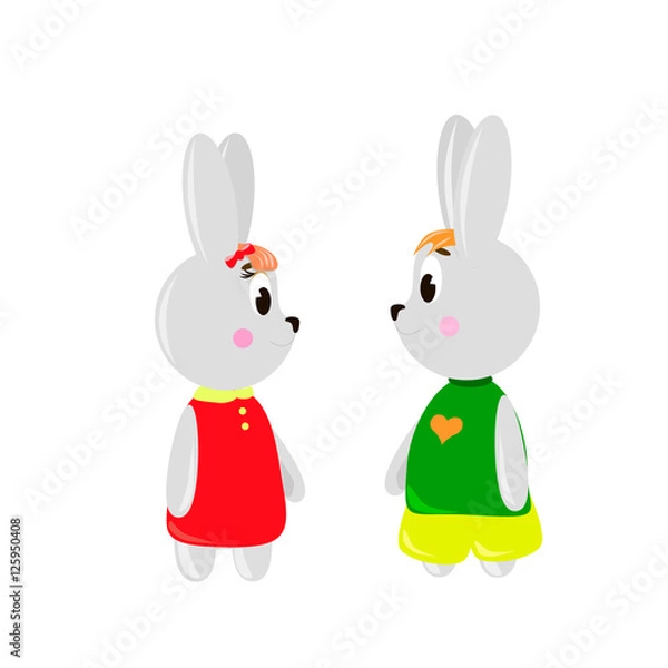 Obraz Two cute cartoon Rubbits on a white background, can be used for wallpaper, design, card, invitation.