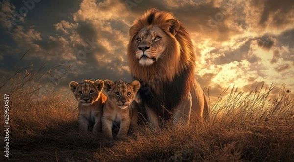 Fototapeta Majestic lion family at sunset, African savanna, wildlife photography