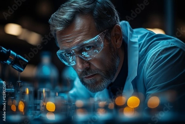 Fototapeta Scientist examining samples in lab at night