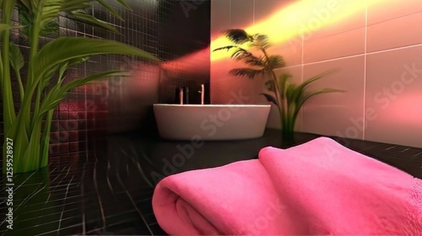 Obraz A modern bathroom with black tiles, pink towels, and soft ambient lighting.