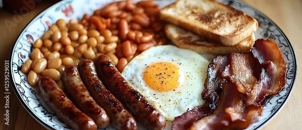 Fototapeta Hearty Breakfast Plate with Egg Bacon Sausage Beans and Toast for a Delicious Start