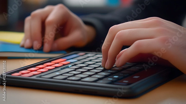 Fototapeta of an open planner with a pen resting on it next to a cup of tea and a digital tablet on a clean desk 