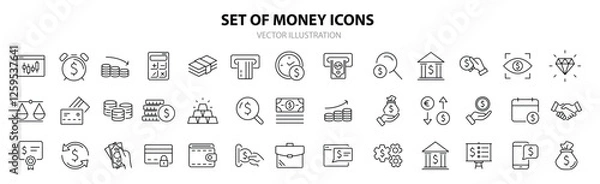 Fototapeta Money and finance set of web icons in line style. Payment and money icons for web and mobile app. Money, dollar, cash, pay, banking, business, finance, coin wallet, credit card. Vector illustration